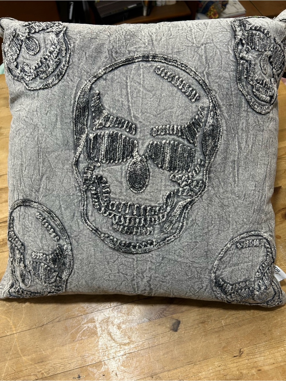 Mortar & Bone Acid Wash Grey Embroidered Skull Feather Throw Pillow
